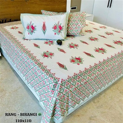 Hand Block Printed Pink Floral Cotton King Bedsheet Set