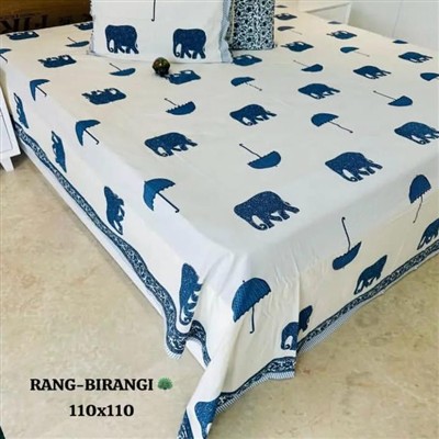 Handcrafted Blue Elephant and Umbrella Print Cotton Bedsheet Set