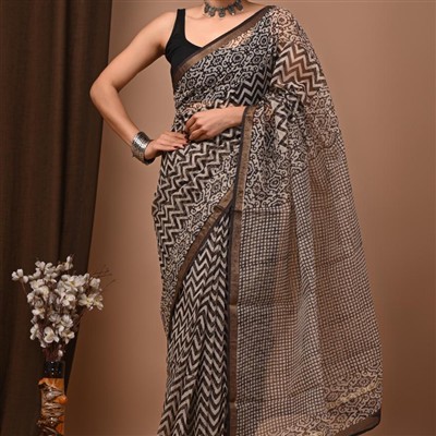 Hand Block Printed Beige Chiffon Saree with Intricate Patterns
