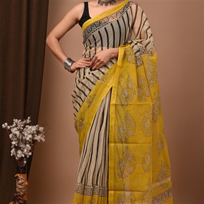 Hand Block Printed Kota Doria Saree in Beige and Yellow Floral Elegance