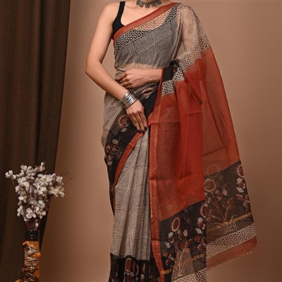Rust Orange Floral Border Kota Doria Saree