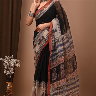 Rust Red Paisley Hand Block Printed Kota Doria Saree