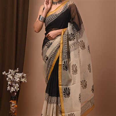Golden Peacock Black Beige Kota Doria Saree
