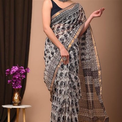 Hand Block Printed Black Motif Kota Doria Saree with Golden Border