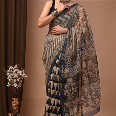 Hand Block Printed Black Floral Kota Doria Saree