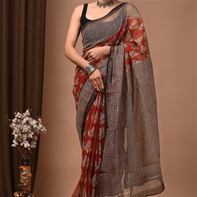 Rust Red Floral & Beige Checkered Kota Doria Saree