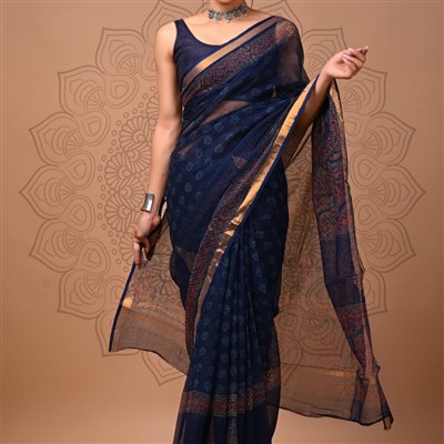 Golden Maroon Border Navy Blue Kota Doria Saree Handcrafted Elegance