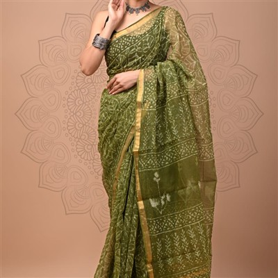 Golden Border Olive Green Hand Block Printed Kota Doria Saree
