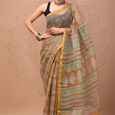 Hand Block Printed Mustard Kota Doria Saree with Floral Motifs