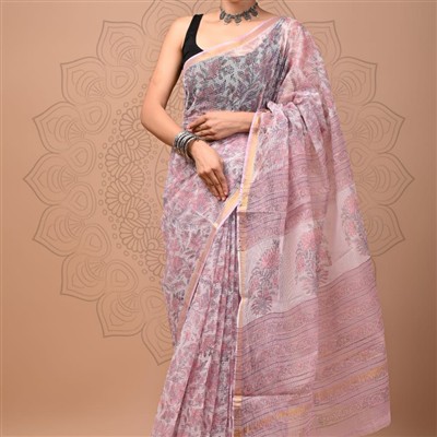 Hand Block Printed Pink and Purple Kota Doria Saree with Golden Border