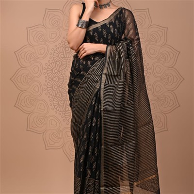 Gold Leaf Motif Black Kota Doria Saree