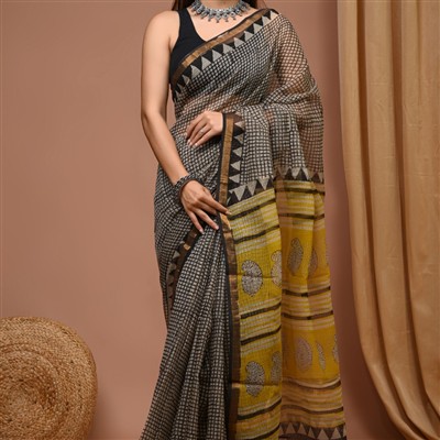 Mustard Paisley Hand Block Printed Kota Doria Saree