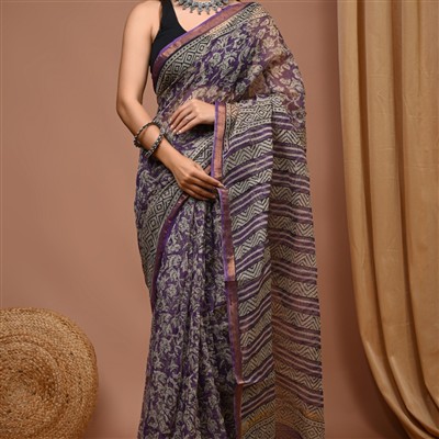 Beige Floral Hand Block Printed Kota Doria Saree