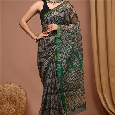 Green Border Black Paisley Hand Block Printed Kota Doria Saree