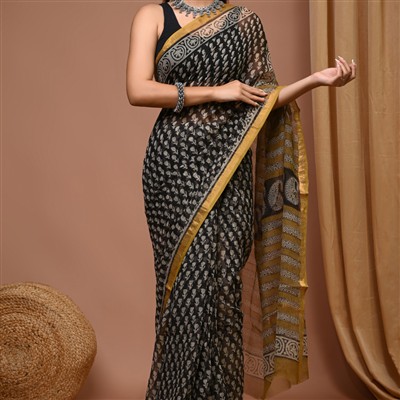 Golden-Yellow Border Kota Doria Saree in Silver Leaf Motif Print