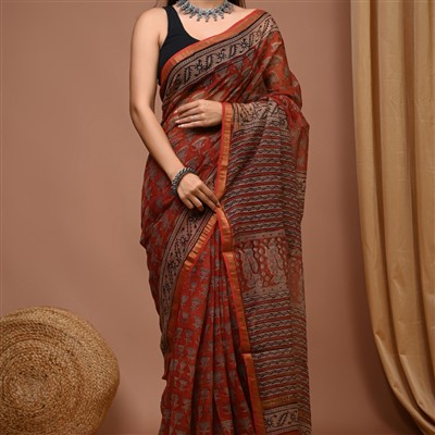Rust Red Bagru Handblock Kota Doria Saree with Golden Trim