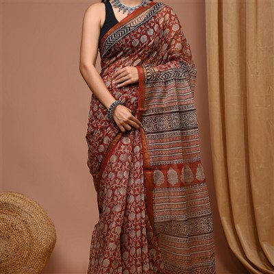 Hand Block Printed Rust Red Kota Doria Saree with Geometric Border