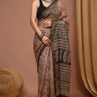 Hand Block Printed Bagru Doria Saree in Earthy Tones