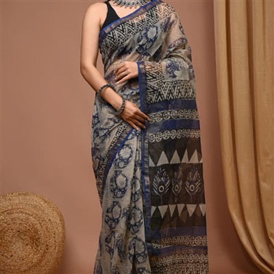 Indigo Block Printed Kota Doria Saree with Peacock Motifs