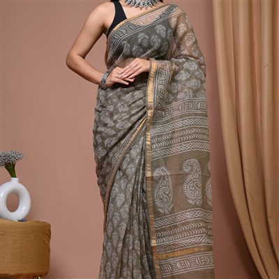 Hand Block Printed Olive Green Kota Doria Saree with Golden Border