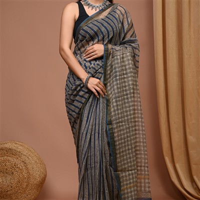 Indigo Checked Kota Doria Handblock Saree