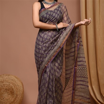 Golden Paisley Hand Block Printed Kota Doria Saree