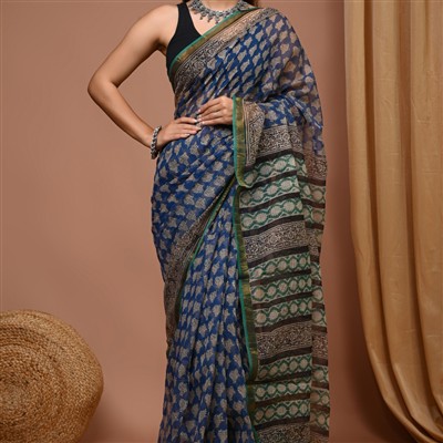 Indigo Floral Hand Block Printed Kota Doria Saree