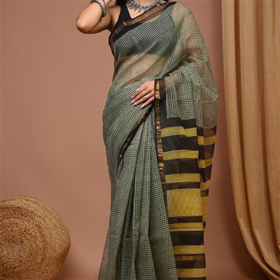 Hand Block Printed Mustard Yellow Stripe Kota Doria Saree