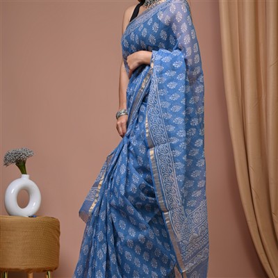 Hand Block Printed Indigo Floral Kota Doria Saree