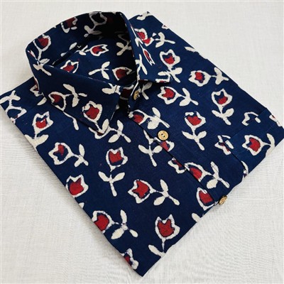 Hand Block Printed Navy Floral Cotton Shirt for Men