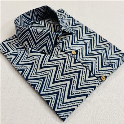 Navy Zigzag Hand Block Printed Cotton Shirt for Men