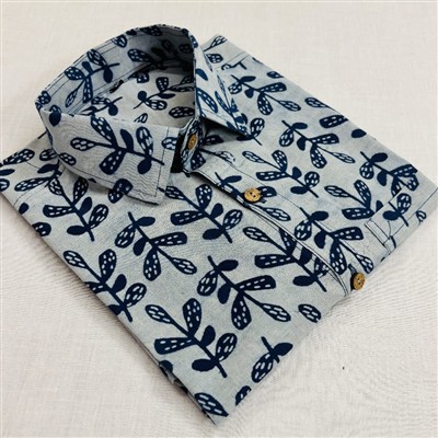 Navy Blue Botanical Block Printed Cotton Shirt