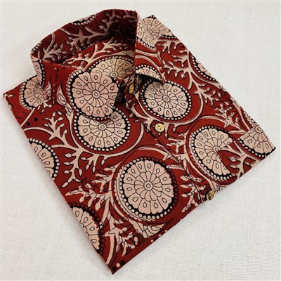 Bagru Block Print Reddish-Brown Cotton Shirt with Floral Motifs