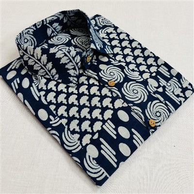 Bagru Block Printed Navy Blue Cotton Shirt with White Motifs