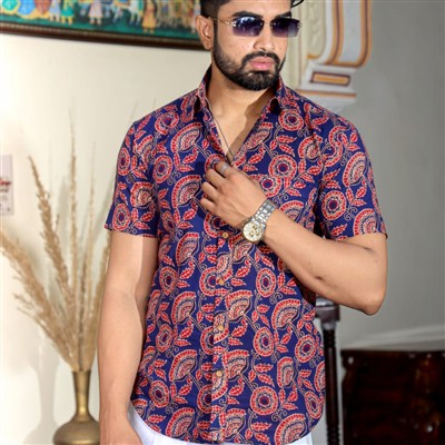 Bagru Red Paisley Hand Block Cotton Shirt Men