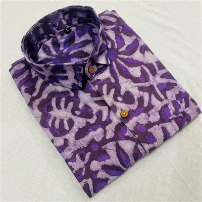 Lavender Batik Cotton Button-Up Shirt with Wooden Buttons