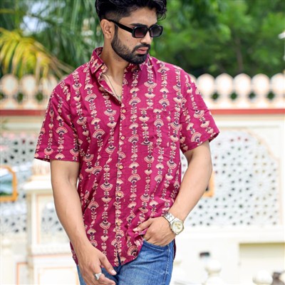 Crimson Bagru Block Printed Cotton Shirt for Men