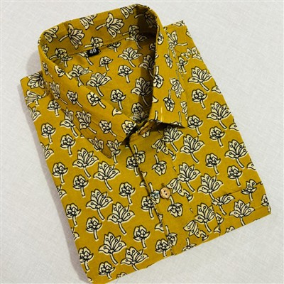 Hand Block Printed Mustard Floral Cotton Shirt for Men