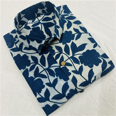 Bagru Block Printed Beige Blue Cotton Shirt Men