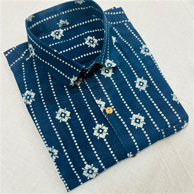Indigo Floral Bagru Block Printed Cotton Shirt Men