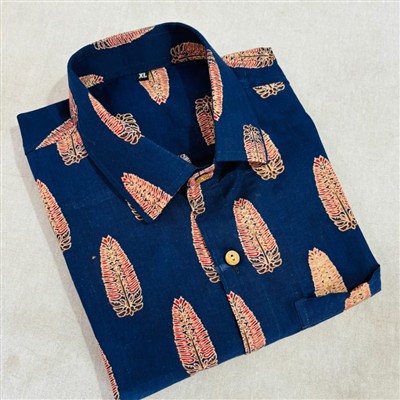 Bagru Block Printed Navy Blue Shirt with Beige Feathers XL