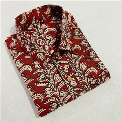 Creamy Floral Block Printed Cotton Shirt for Men