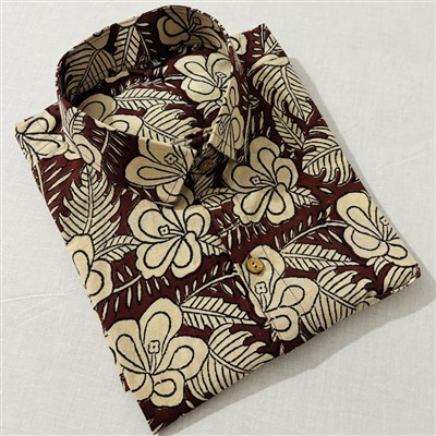 Cream Floral Bagru Block Cotton Shirt for Men
