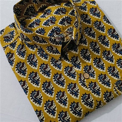 Bagru Mustard Floral Hand Block Printed Cotton Shirt