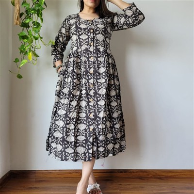 Bagru Block Printed Cotton Midi Dress with Frill Detail