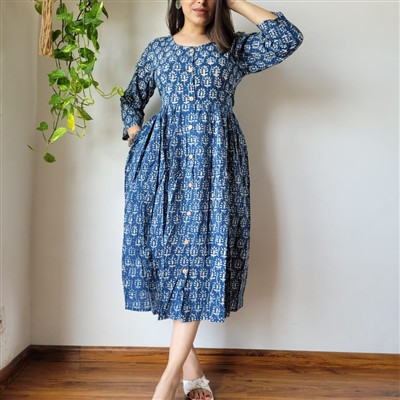 Indigo Bagru Block Printed Long Sleeve Cotton Midi Dress