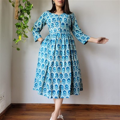 Bagru Hand Block Printed Cotton Midi Dress with Aliya Frill Detail