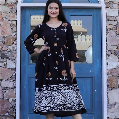 Bagru Floral Hand Block Printed Cotton Midi Dress