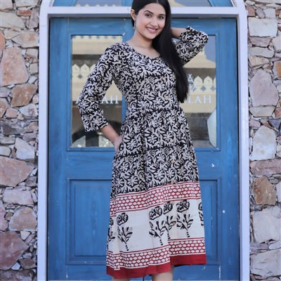 Black & White Floral Hand Block Cotton Midi Dress