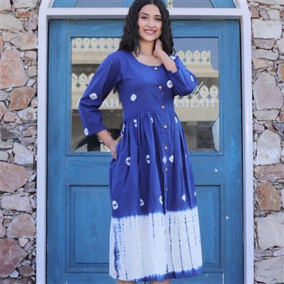 Indigo Tie-Dye Cotton Dress with Aliya Frill Design